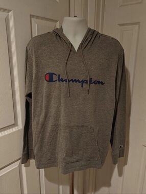 Champion Hoodie Logo Pullover Sweatshirt Dark Gray XL Cotton Polyester Blend